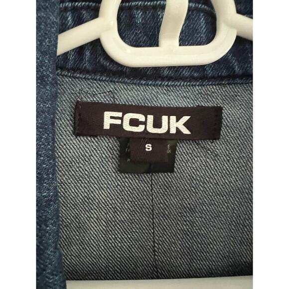 NEW FCUK Women's S Jean Jacket Rude Bear Oversized Denim Dark Wash White Graphic - Picture 3 of 15